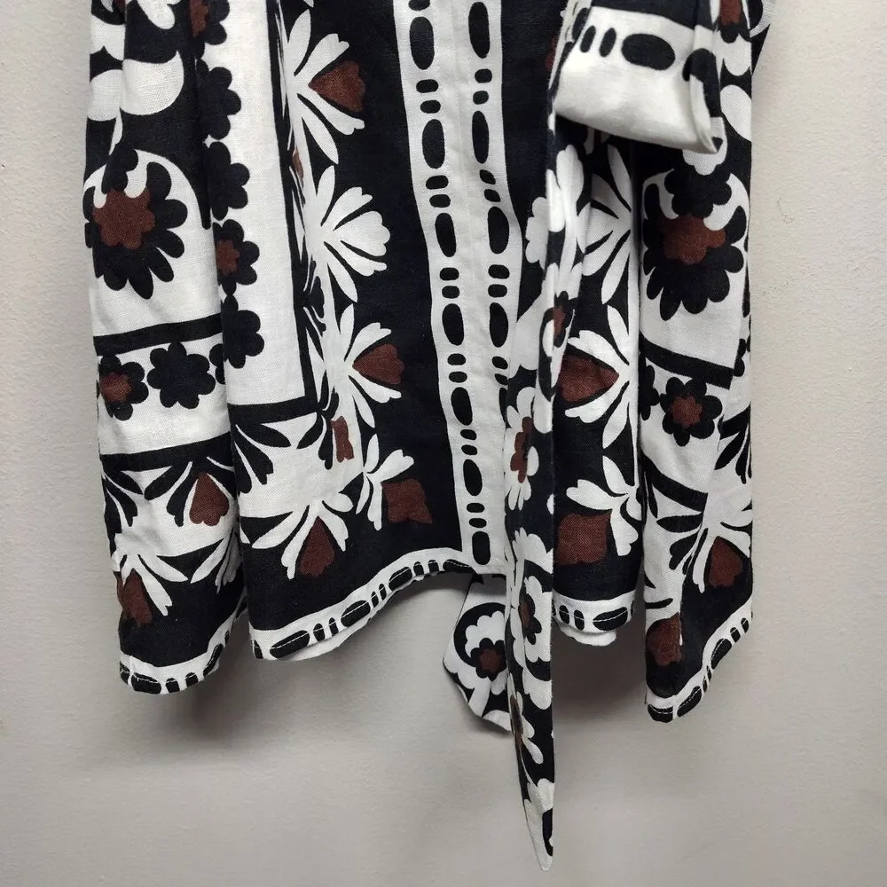 Ann Taylor Linen Blouse Top Women Size M White Floral Waist Tie Casual Feminine - Picture 5 of 9